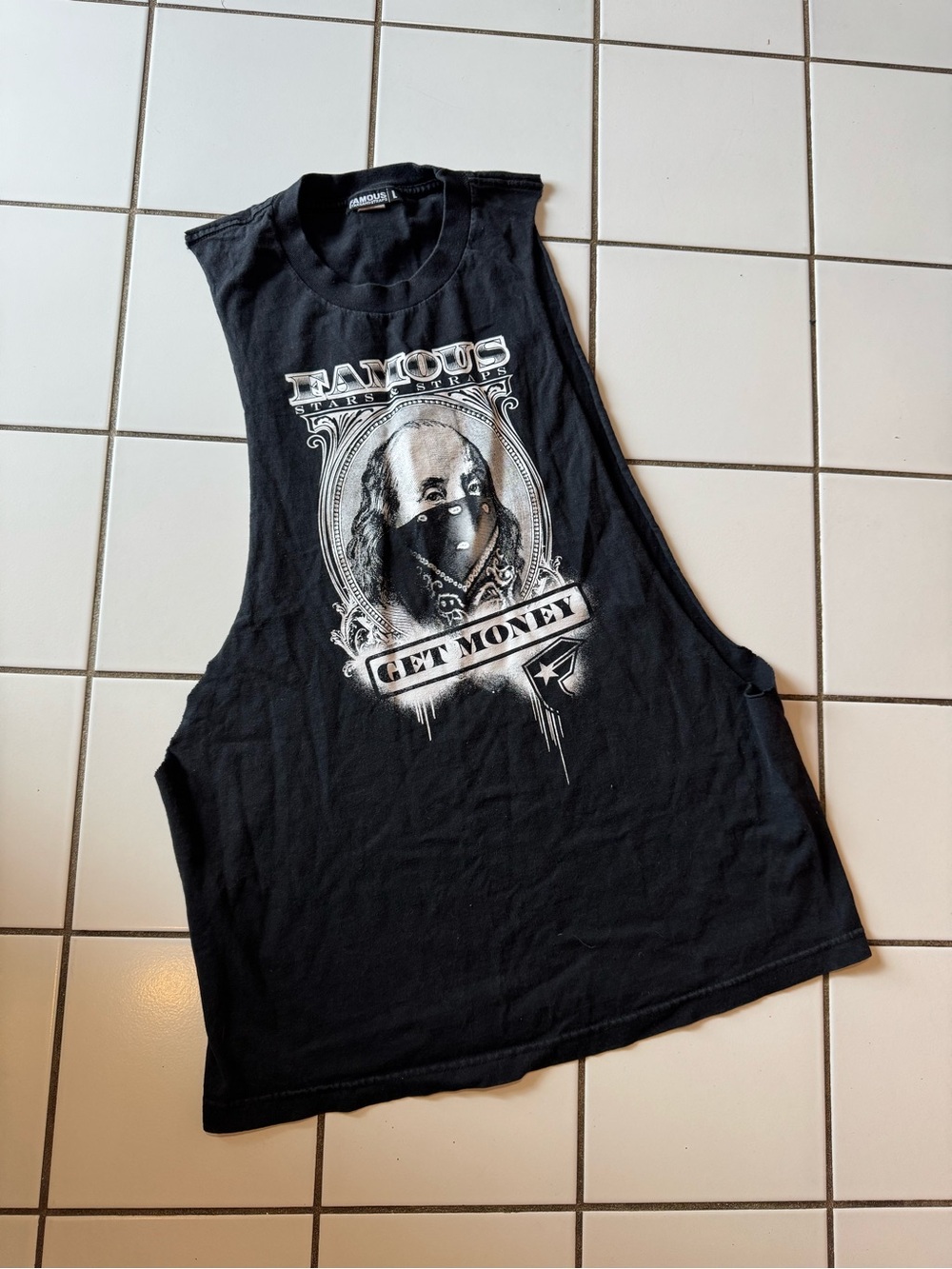 Famous Stars & Stripes Black Tank Top Size L Get Money Benjamin Franklin Y2K